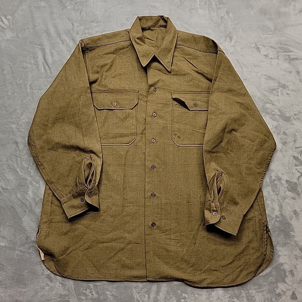 VTG WWII US Army 1945 Flannel OD Coat Style Special Wool Shirt Named Anti Gas